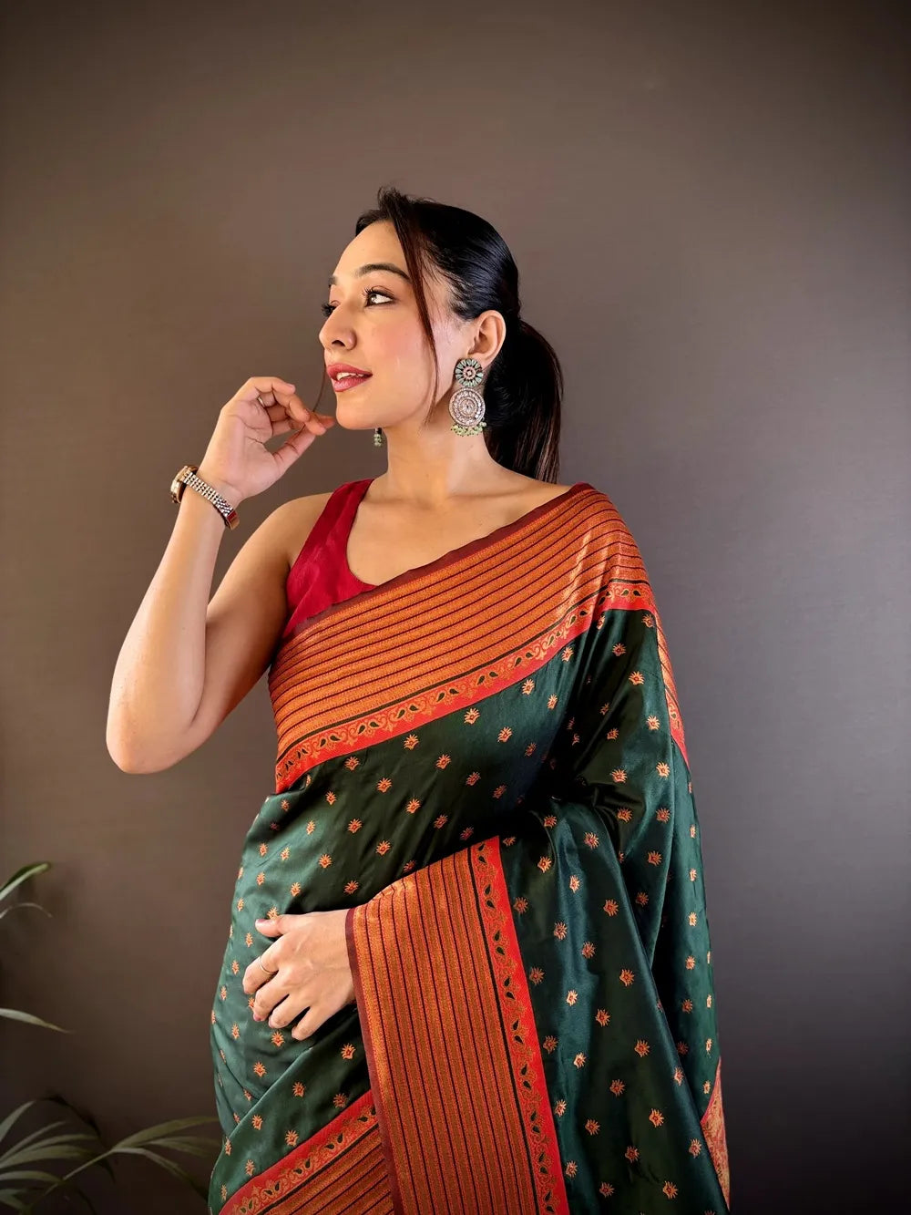 Paithani Silk Saree with Rich Copper Zari Weaving & Free Blouse (Dark Green)